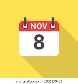 8 november calendar flat style icon with long shadow.