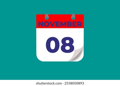 8 November calendar icon text page monthly web design on red, and blue background vector, icon, or illustration with the month of November 8