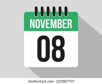icono vectorial del calendario 8 de noviembre. Noviembre verde de los días del mes y la semana