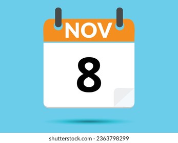 8 de noviembre. Calendario de icono plano aislado en fondo azul. Ilustración vectorial.