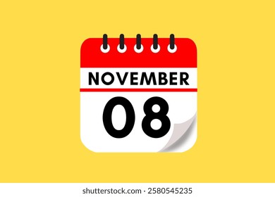 8 November month single day vector, illustration, calendar with red, black, white and yellow color background calendar November 8