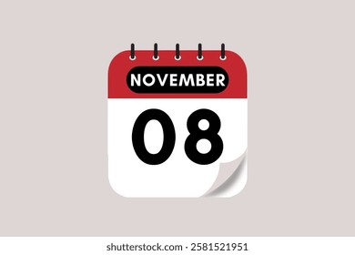 8 November month single day vector, illustration, calendar with rose red, black and off-white color background calendar November 8