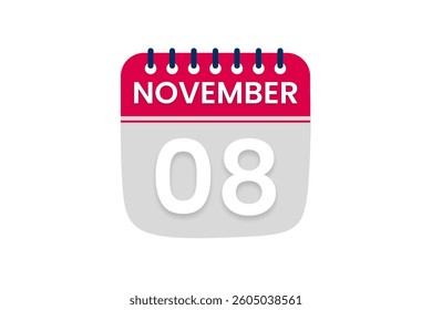 8 November month single day vector, illustration, calendar with red, off white and white color background calendar November 8