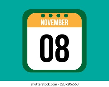 Vector de calendario anaranjado del 8 de noviembre. Fecha de noviembre con cuadrado sobre fondo claro.