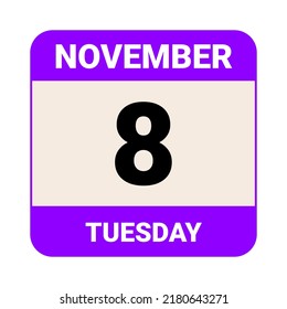 8 de noviembre, martes. Plantilla de fecha. Diseño útil para la promoción de calendarios o eventos. Archivo EPS 10 de la ilustración del vector