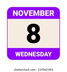 8. November, Mittwoch. Datumsvorlage. Nützliches Design für Kalender- oder Veranstaltungswerbung. EPS10 Datei, Vektorgrafik.  