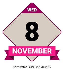 8. November, Mittwoch. Datumsvorlage. Nützliches Design für Kalender- oder Veranstaltungswerbung. EPS10 Datei, Vektorgrafik. Einzeln auf weißem Hintergrund.