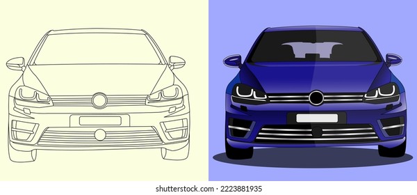 8 de noviembre de 2022;Volkswagen Golf MK7 R. Icónica Gráfica del coche.Vista frontal del vehículo vector.	
