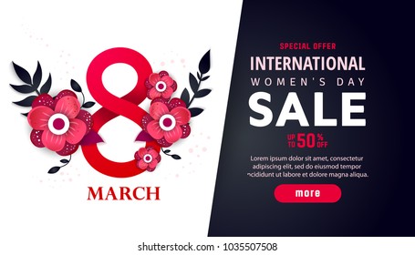 8 number 3d illustration with red flowers on a dark background. 50 percent discount
