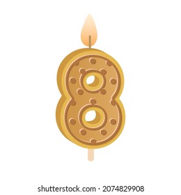 8 Number Birthday Candle For 8th Year Anniversary, Age Of Eight. Figure-shaped Wax Candlelight With Flame For Bday Party Cake. Colored Flat Vector Illustration Isolated On White Background