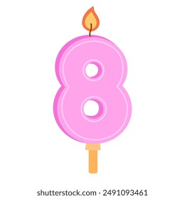 8 number birthday candle for 8th year anniversary, age of eight. Figure-shaped wax candlelight with flame for bday party cake. Colored flat vector illustration isolated on white background