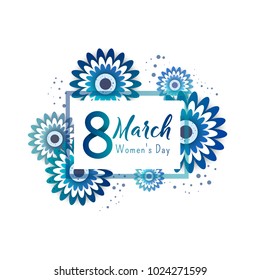 8 number with blue paper cut flowers  vector illustration in frame