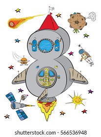8 Number Eight As The Flying Rocket To Cosmos Space Surrounded By Aliens, Comet, Sun, Asteroid, Satellite And Stars