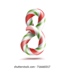 8, Number Eight Vector. 3D Number Sign. Figure 8 In Christmas Colours. Red, White, Green Striped. Classic Xmas Mint Hard Candy Cane. New Year Design. Isolated On White Illustration