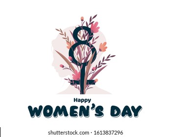 8 Number with Female Hydrosexual Sign Decorated with Floral on White Background for Happy Women's Day Celebration Concept.