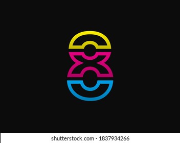 8 number logo, vector desing font .Dynamic cmyk split blue, pink, yellow color on black background. For social media,design elements, creative poster, anniversary celebration, greeting web template 