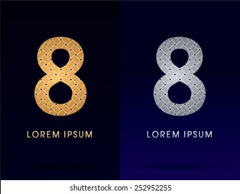 8 ,Number, Luxury font, designed using gold and silver line  on dark background, idea from wicker,basket , ribbons, jewelry, logo, symbol, icon, graphic, vector.