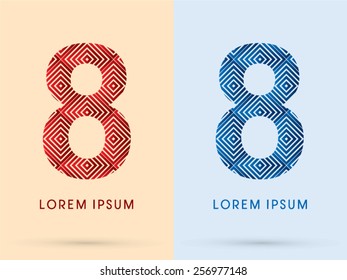 8 ,Number ,Luxury font, designed using red and blue line square geometric shape, hot and cool tone, logo, symbol, icon, graphic, vector.