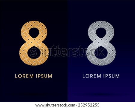 8 ,Number, Luxury font, designed using gold and silver line  on dark background, idea from wicker,basket , ribbons, jewelry, logo, symbol, icon, graphic, vector.
