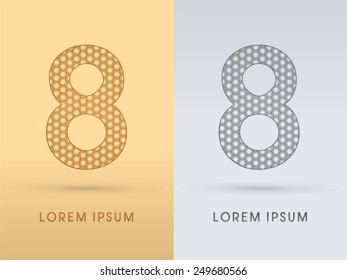 8 ,Number Luxury font outline ,designed using gold geometric on gold background, concept shape from screws, hexagon, honeycomb, jewelry,gems ,logo, symbol, icon, graphic, vector.