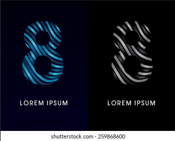 8, Number ,modern wave  font ,designed using blue and black line on dark background, concept move, wave, water, freestyle, zebra line, fantasy ,logo, symbol, icon, graphic, vector.