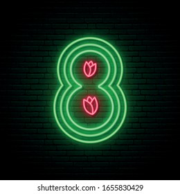 8 number neon sign. Bright design with tulips fo 8 March. Happy women’s day vector illustration.