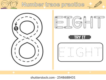 
8 number tracing practice worksheet and coloring book page with outline vector for Pre-school Kids