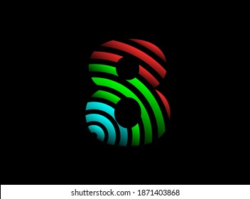 8 number vector desing, rgb color font logo. Dynamic split red, green, blue color on black background. For social media,design elements, creative poster, web template and more


