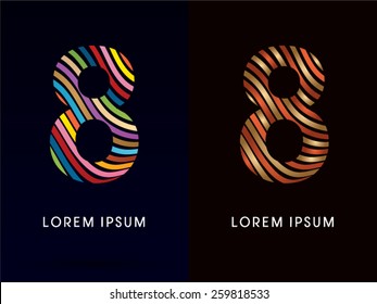 8 ,Number,colorful font and luxury font ,designed using colors line on dark background, concept move, wave, water, freestyle, happy, fun, joy, fantasy ,logo, symbol, icon, graphic, vector.