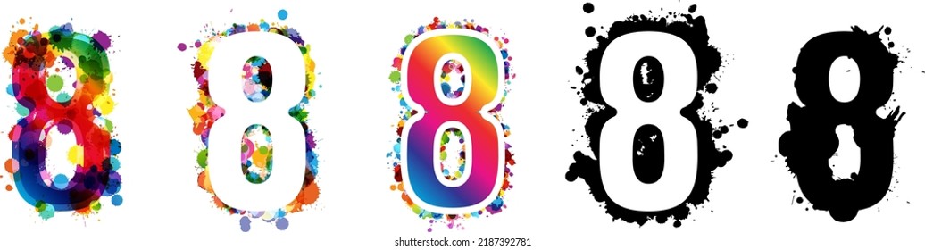 8 numbers with rainbow and black paint splash decorative elements. Colorful 8 number emblems collection. Vector illustration in artistic style.