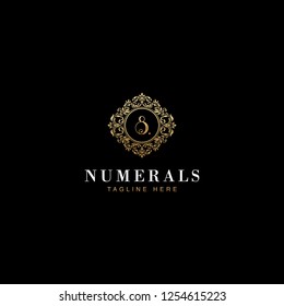 8 Numerals Luxury elegant victorian floral filigree frame badge pattern with number 8 inside the circle badge emblem logo design vector in gold colors