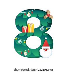 8 Numeric Number Alphabet Cute Merry Christmas Concept Santa Claus Gift Mistletoe Christmas Tree Character Font Letter Christmas Element Cartoon Green 3D Paper Layer Cutout Card Vector Illustration