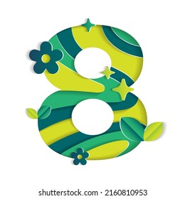 8 Numeric Number Character Environmental Eco Environment Day Leaf Font Letter Cartoon Style Abstract Paper Sparkle Shine Green Mountain Geography Contour 3D Paper Layer Cutout Card Vector Illustration