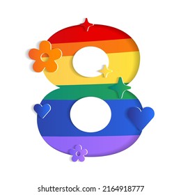 8 Numeric Number Character Letter Abstract White Lively Flower Heart Sparkle Shine Pride Month LGBTQIA+ Rainbow ​Colorful Red Orange Yellow Green Blue Violet 3D Paper Cutout Card Vector Illustration