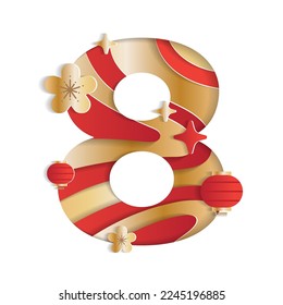 8 Numeric Number Chinese New Year Concept Character Font Letter Abstract Paper Flower Lantern Lunar Festival Element Sparkle Shine Gradient Gold Red 3D Paper Layer Cutout Card Vector Illustration