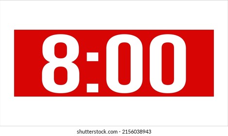 8 o'clock on a red rectangular retro wall clock. Vector image illustration with time stamp isolated on white background, vector