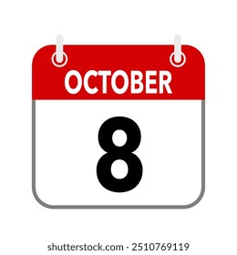 8 de octubre, icono de fecha de calendario sobre fondo blanco.