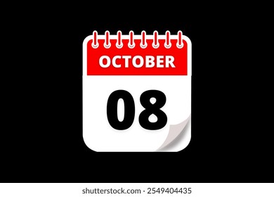 8 October calendar icon text page monthly web design on red, white and black background vector, icon, or illustration with the month of October 8