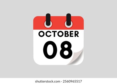 8 October calendar icon text page monthly web design on red, white, black and ash background vector, icon, or illustration with the month of October 8