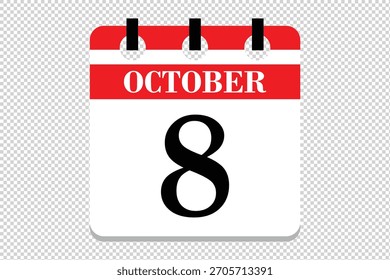 8 October Calendar icon vector, 8 dates of October month calendar icon, dates of October 8 icon calendar, vector calendar icon.
