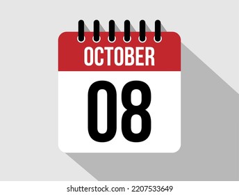 icono del vector del calendario 8 de octubre. Fecha de octubre rojo para los días del mes