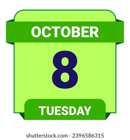 8 de octubre, martes. Plantilla de fecha. Diseño útil para la promoción de calendarios o eventos. Ilustración vectorial Archivo EPS 10. Aislado sobre fondo blanco. 
