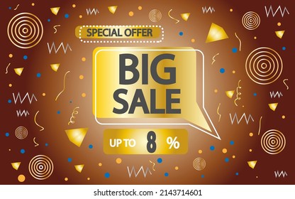 8% off. big sale banner template with objects and gold balloon. poster for stores and sales