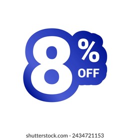 8% off. Discount number of percent sign in white and blue colors. Eight percent of discount. Symbol tag vector badge template. Sale offer price sign.