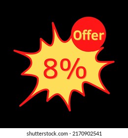 8% off (offer) with red and yellow online discount explosion speech bubble, bubble	