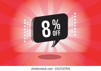 8% de descuento. banner rojo con ocho por ciento de descuento en un globo negro para megaventas.