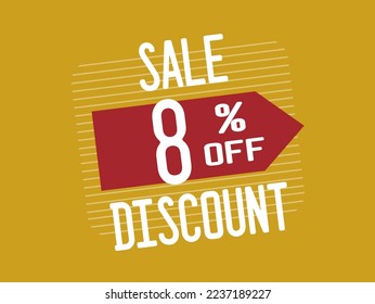 8% Off. Red discount banner with eight percent. Promotion with price reduction for products