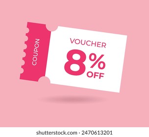 8% de descuento en el Cupón de cupones de venta. Ilustración de promoción del ocho por ciento. Etiqueta de la etiqueta, Anuncio de la venta con Cupón de descuento. Vales de regalo de Vector rosa.