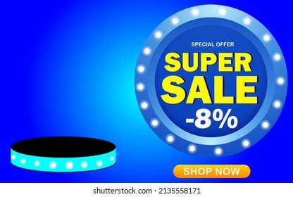 8% off. Super sale banner. 8 percent off. Mega sale special offer. Banner for special promotion announcement. Circular blue template with lights around.