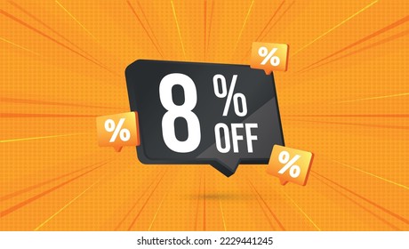 8% off. Yellow banner with eight percent off in a black balloon for big sales.